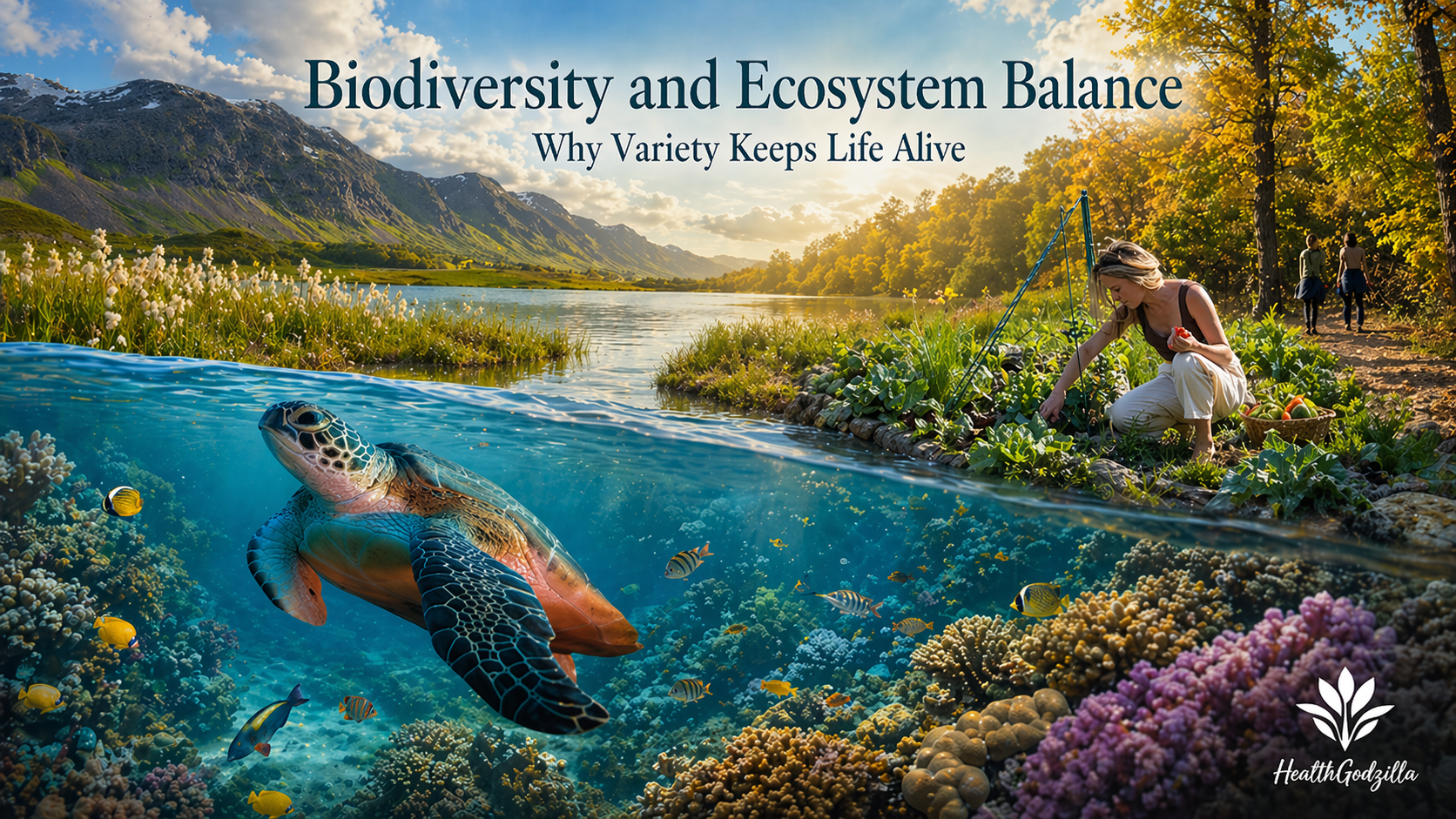 Biodiversity and ecosystem balance across reef, river, mountains, and garden, showing life’s living web in one frame.