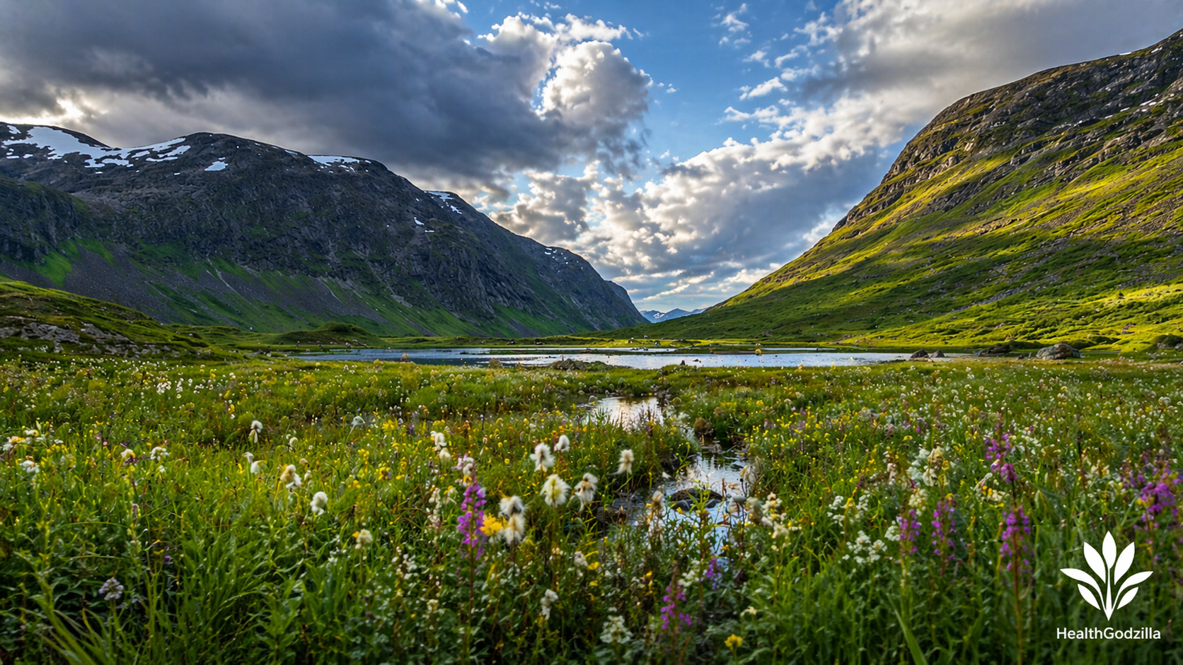 Biodiversity and ecosystem balance in a wetland valley, where water, meadow, and mountain sustain resilience together.