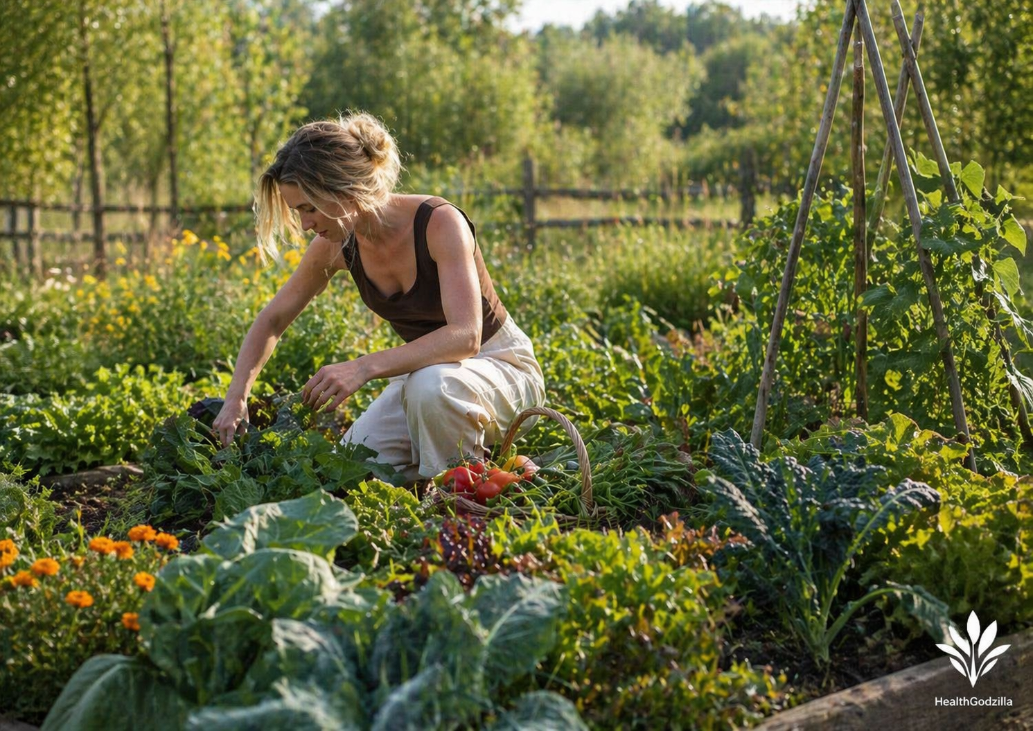 Biodiversity and ecosystem balance in a home garden, where human care, plant diversity, and food systems grow together.