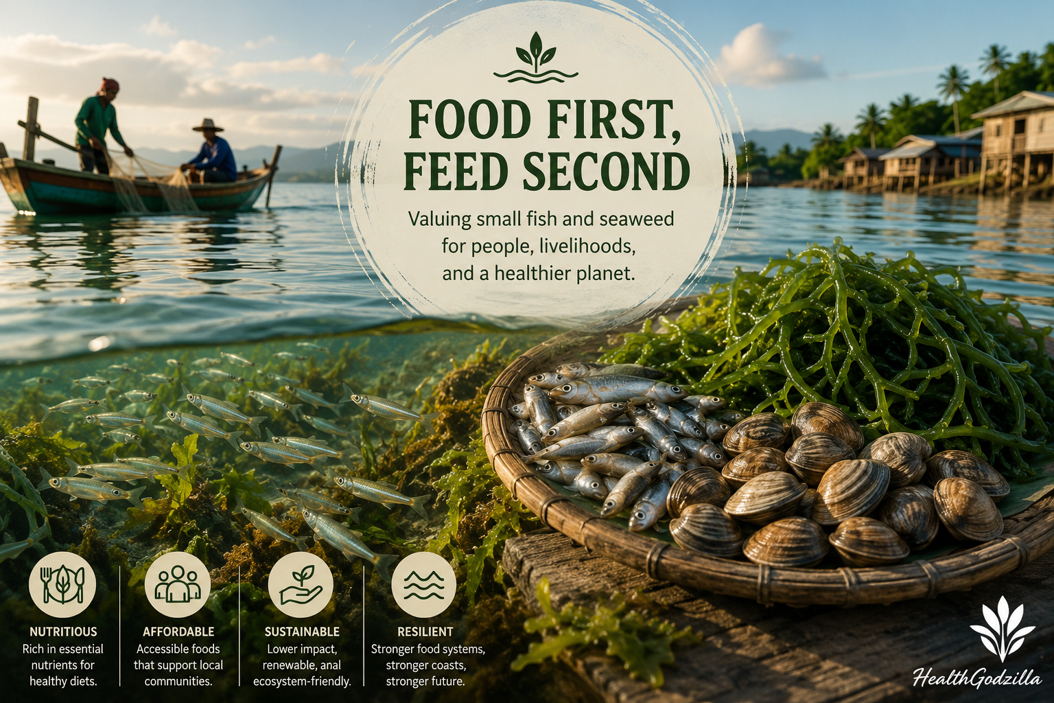 Small fish and seaweed support food security, livelihoods, and environmental balance in a food-first coastal scene