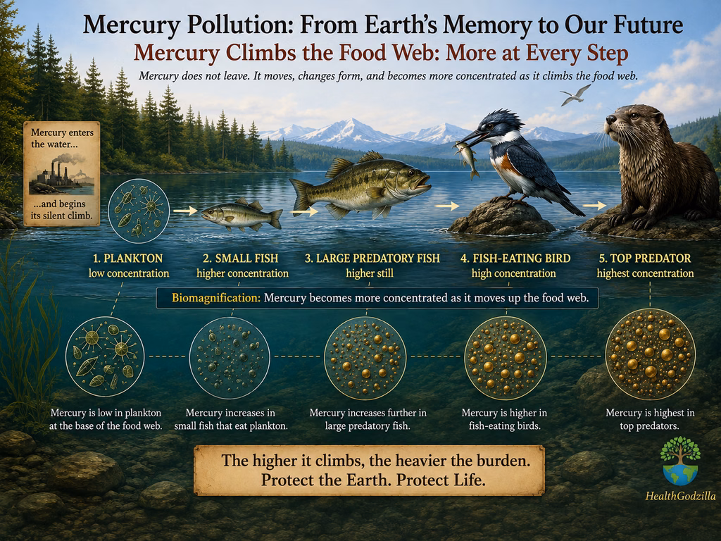 Plankton, small fish, large fish, birds, and top predators illustrate biomagnification through a lake food web.
