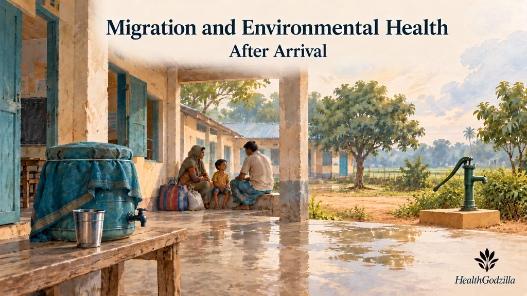 Migration and environmental health: a family shelters on a school veranda near a water container and an idle tubewell.