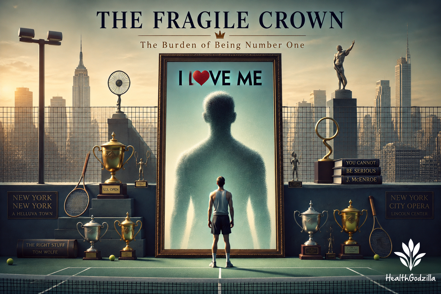 The Fragile Crown title image: athlete before a giant mirror, trophies, and New York skyline, reflecting success and ego.