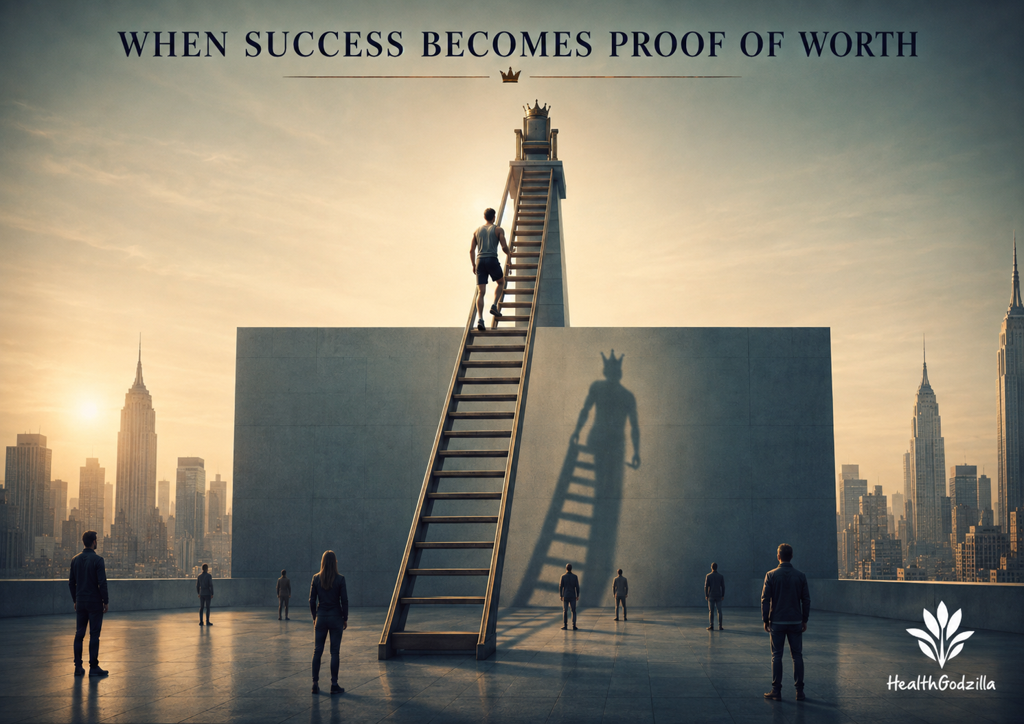 When Success Becomes Proof of Worth: climber ascends a ladder toward a throne, casting a crowned shadow.