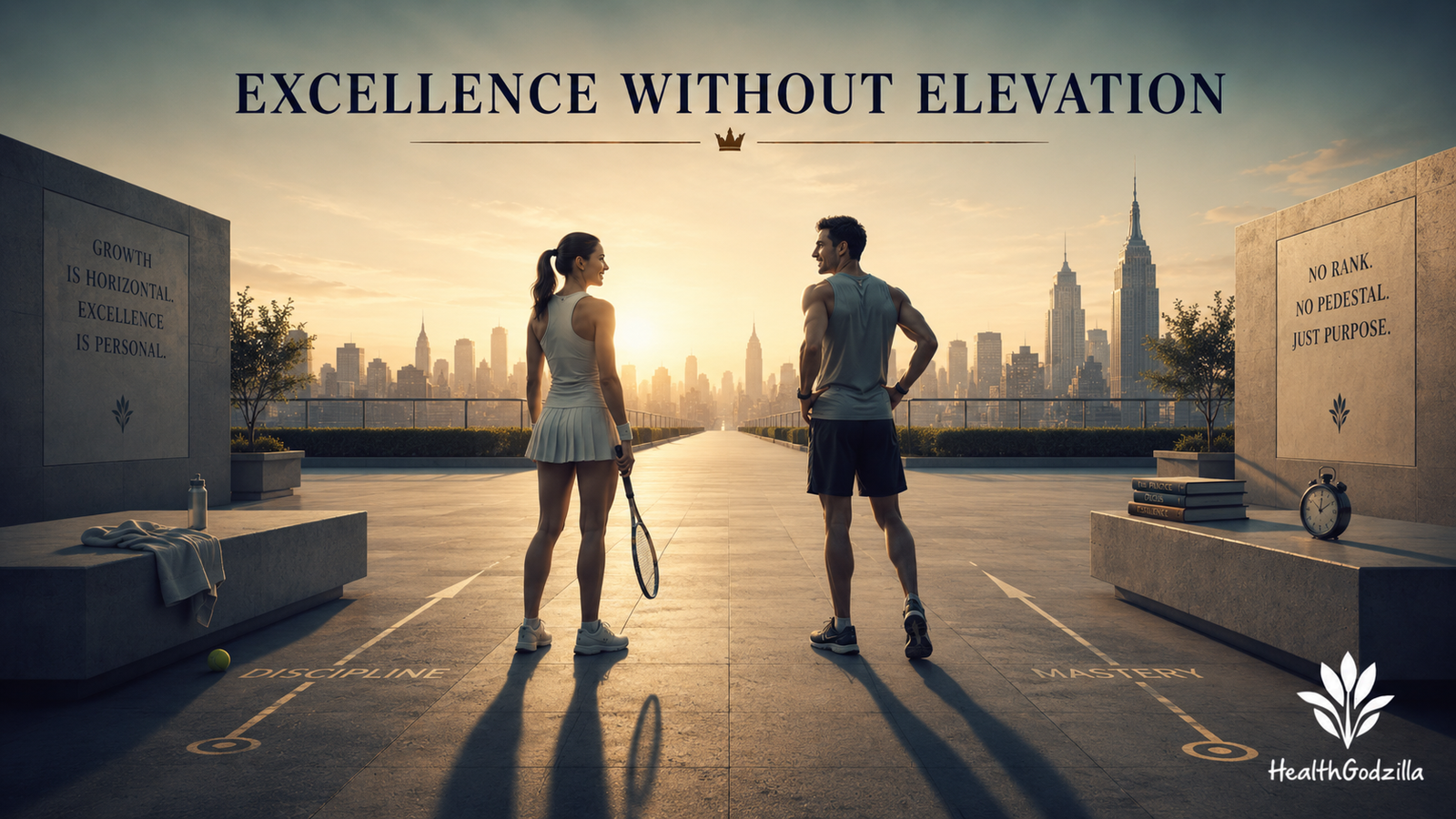 The Fragile Crown contrasts rank with mastery as two athletes stand together on an open path toward growth and excellence.