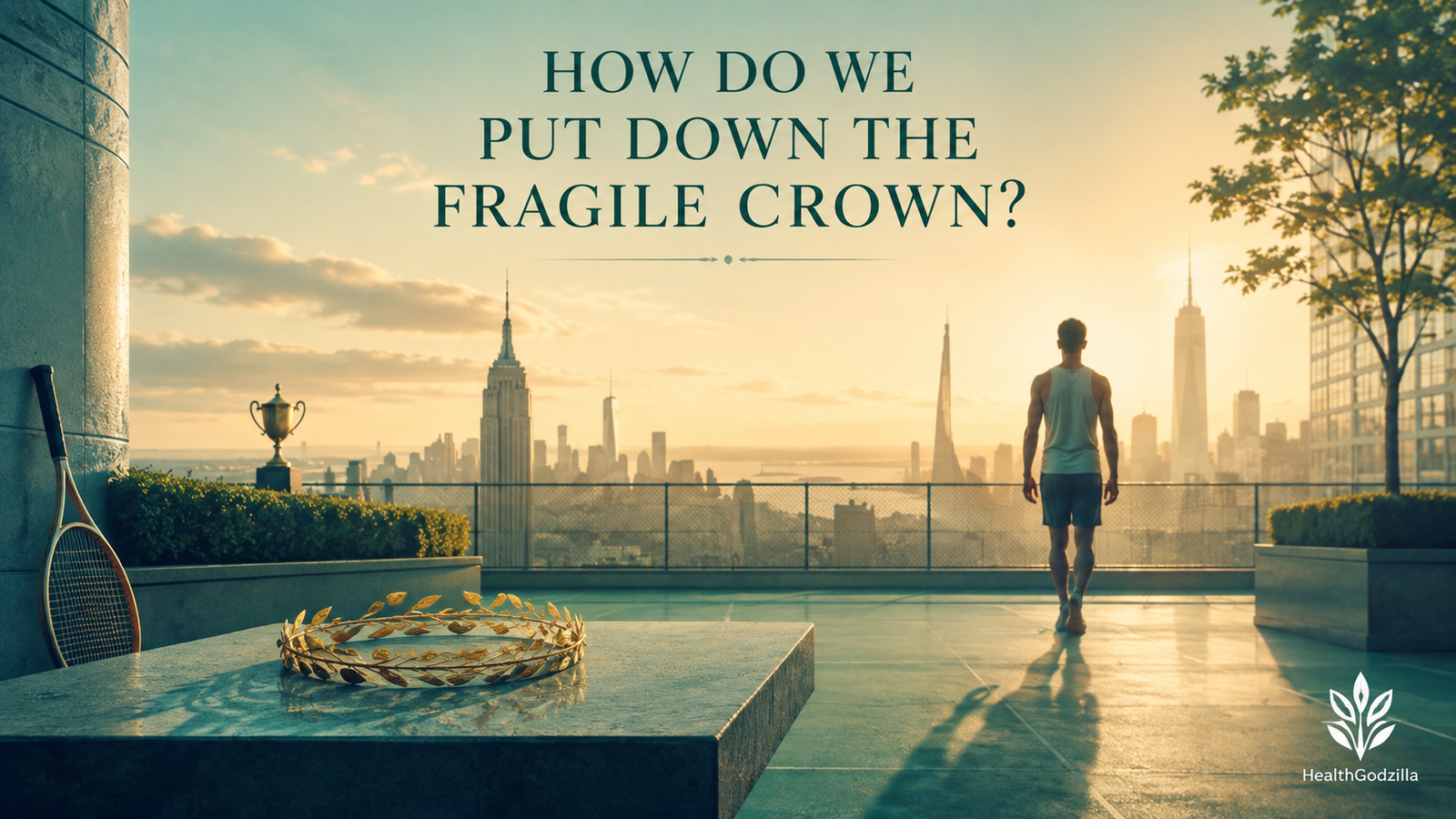 How Do We Put Down the Fragile Crown? A lone athlete walks away as a crown rests on a table at sunset.