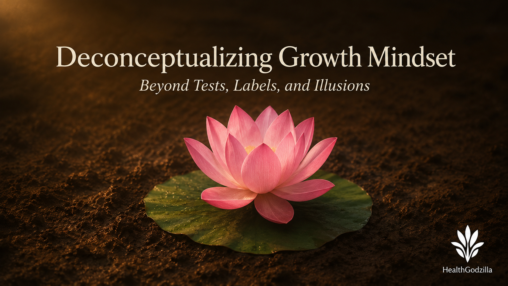 Deconceptualizing Growth Mindset title image with a pink lotus on muddy ground, symbolizing growth beyond tests, labels, and illusions.