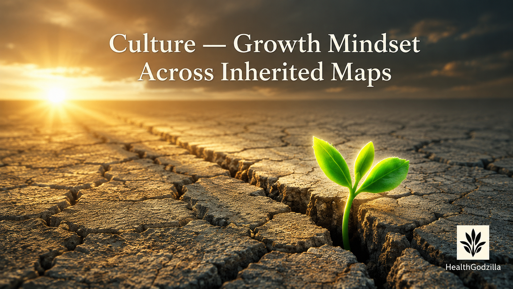 Culture growth mindset image with green sprout in cracked soil, showing inherited maps, resilience, and learning past labels.