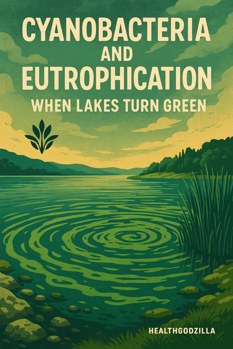 A lake with sporadic green bloom spreading across blue water, showing the impact of cyanobacteria and eutrophication.