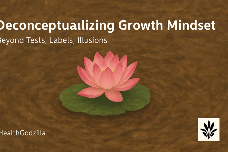 Deconceptualizing Growth Mindset title image with a lotus blooming on mud, symbolizing resilience beyond tests, labels, illusions.