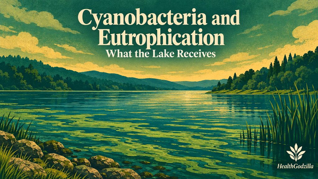 Cyanobacteria and eutrophication illustrated by green blooms across a lake with wooded hills, shoreline rocks and tall reeds.