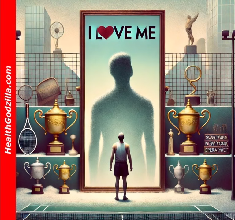 The Fragile Crown—tennis trophies, a giant mirror with “I love me,” and a lone figure reflecting on success and ego.