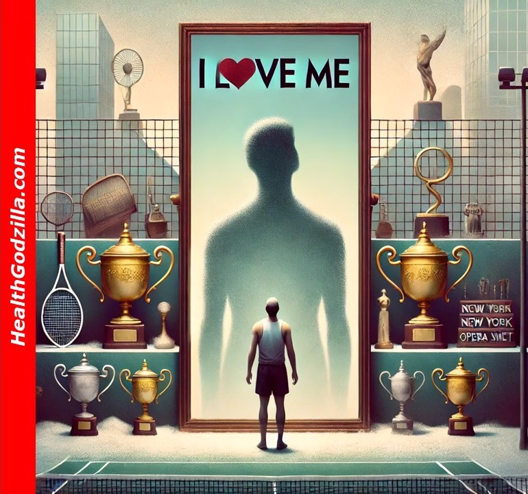 The Fragile Crown—tennis trophies, a giant mirror with “I love me,” and a lone figure reflecting on success and ego.