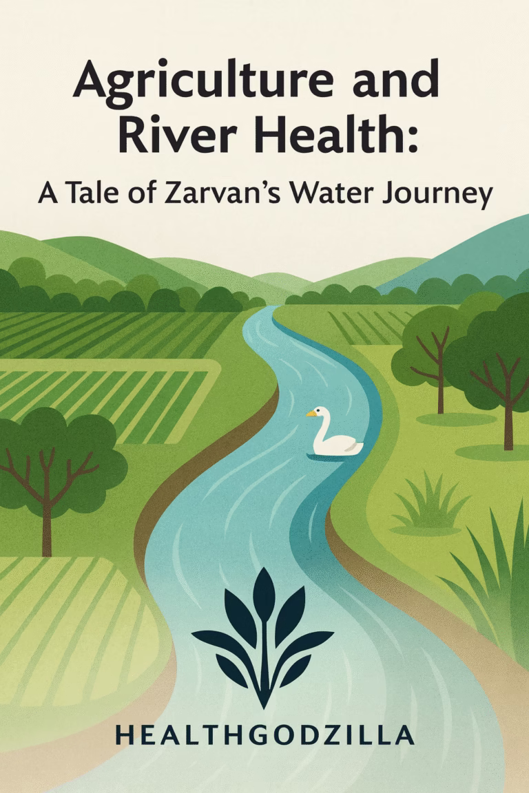 Illustration of agriculture and river health showing nature’s balance and human impact on flowing waters.