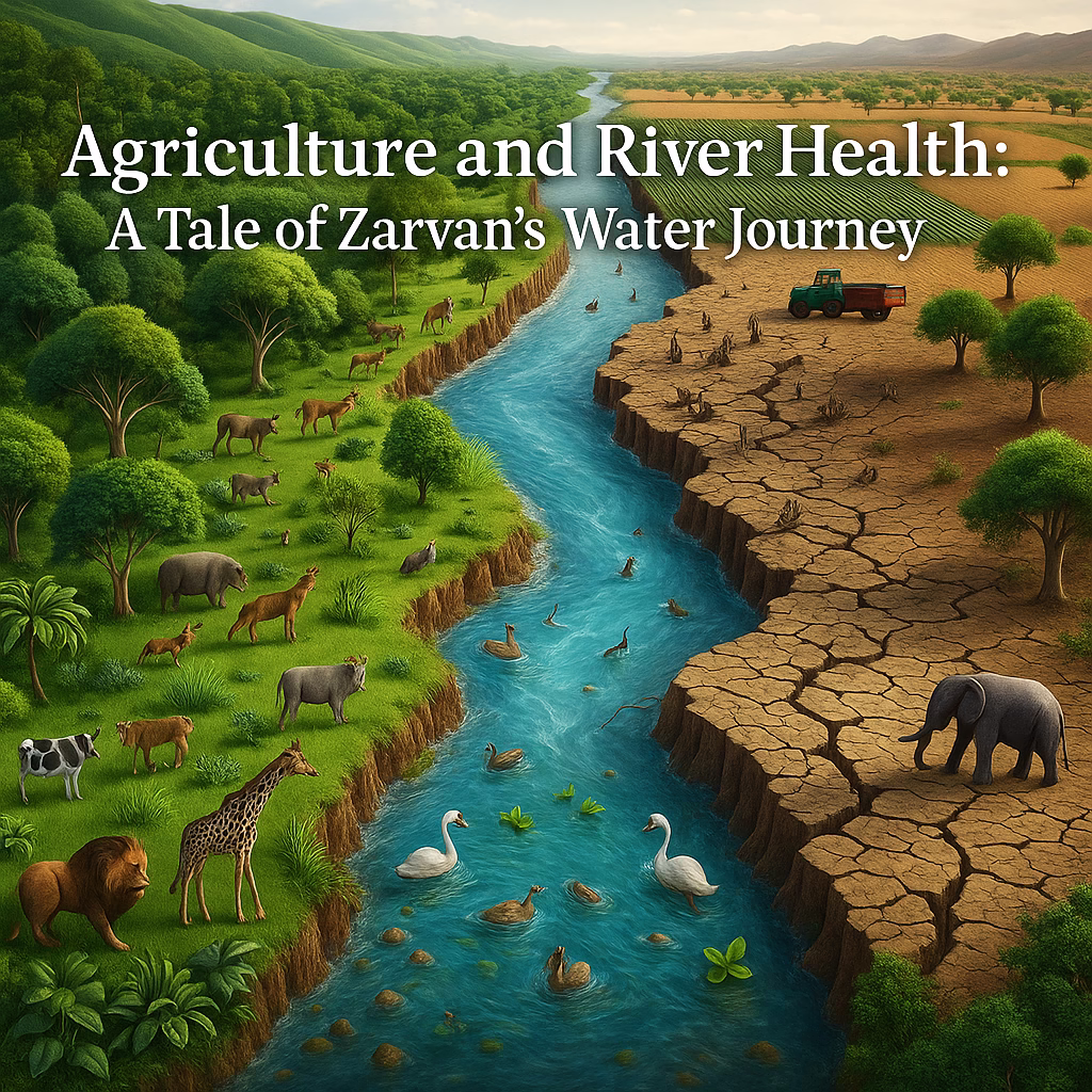 Illustration of a river dividing lush wildlife from barren farmland, symbolizing human impact on nature’s balance.