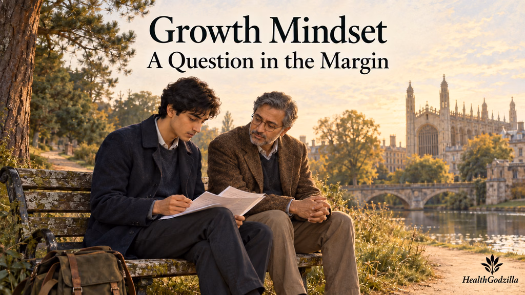Growth mindset illustration of Selene and his father reviewing an unfinished essay on a wooden bench beside the river at dusk
