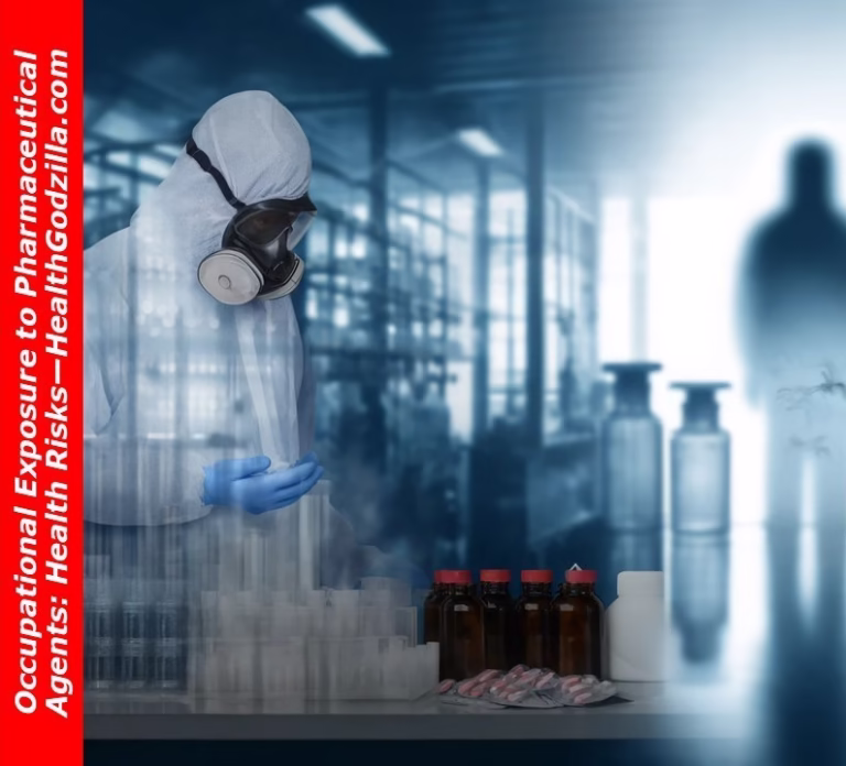 Worker in protective suit handling chemicals, showing occupational exposure to pharmaceutical agents in labs.
