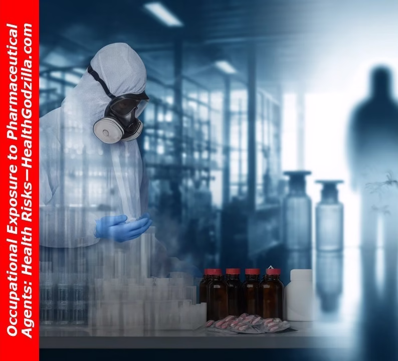 Worker in protective suit handling chemicals, showing occupational exposure to pharmaceutical agents in labs.