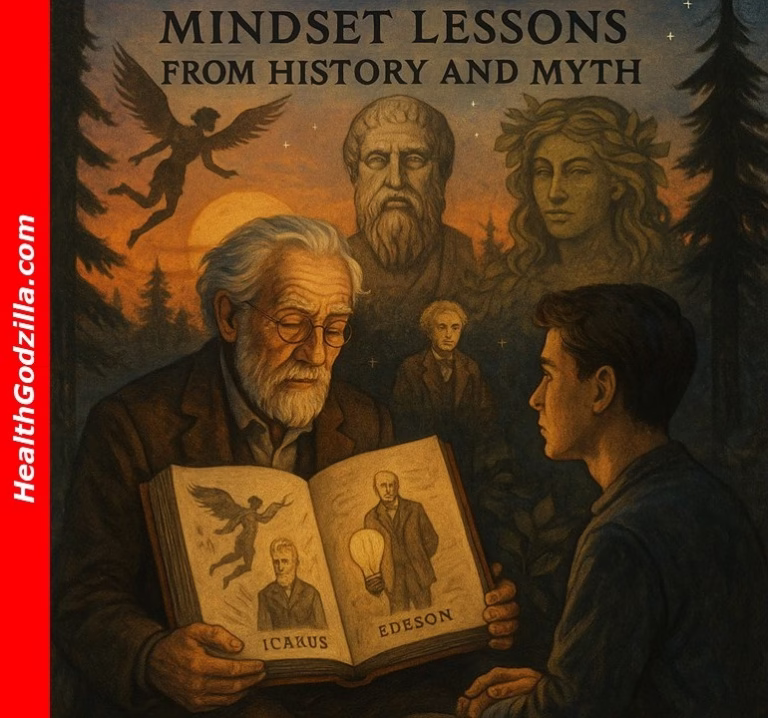 Mindset lessons from history and myth shown through symbolic figures in a timeless forest scene