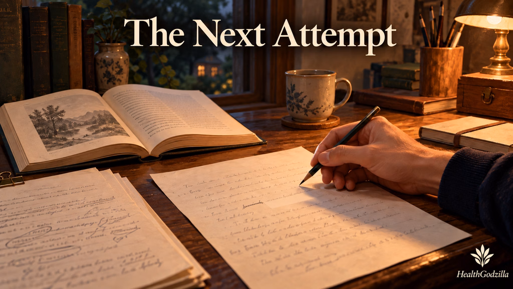 Growth mindset illustration of a hand holding a pencil over an unfinished essay beside an open book under soft warm lamplight