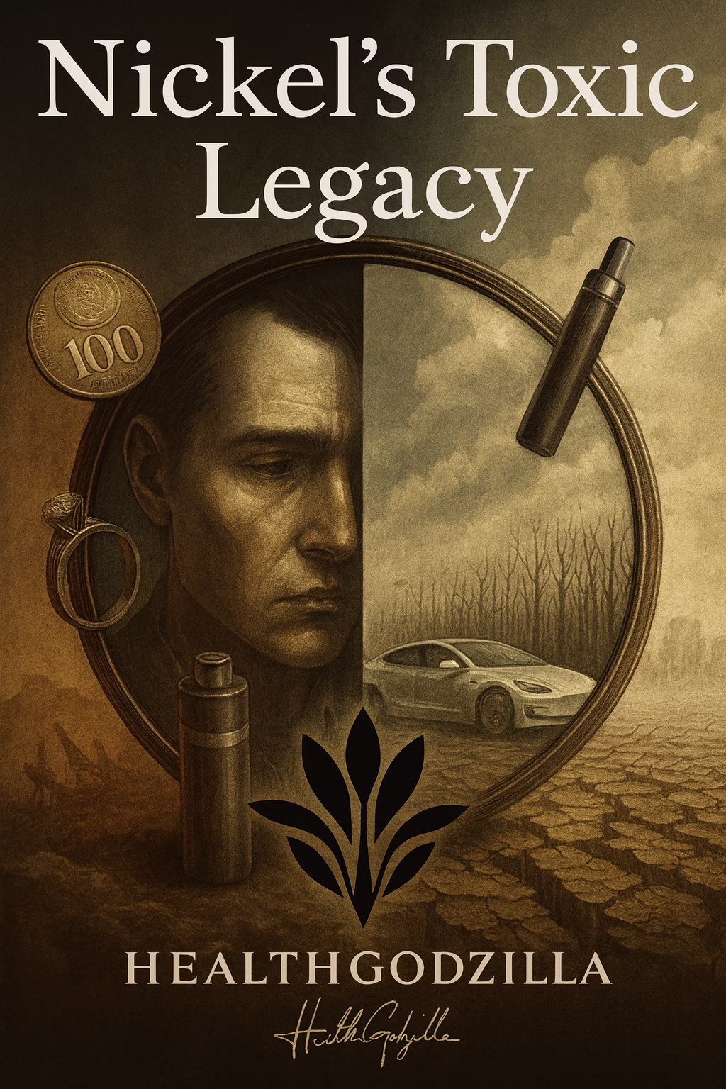 Nickel Toxic Legacy artwork with lungs, factories, batteries, and forests reflecting harm and hope