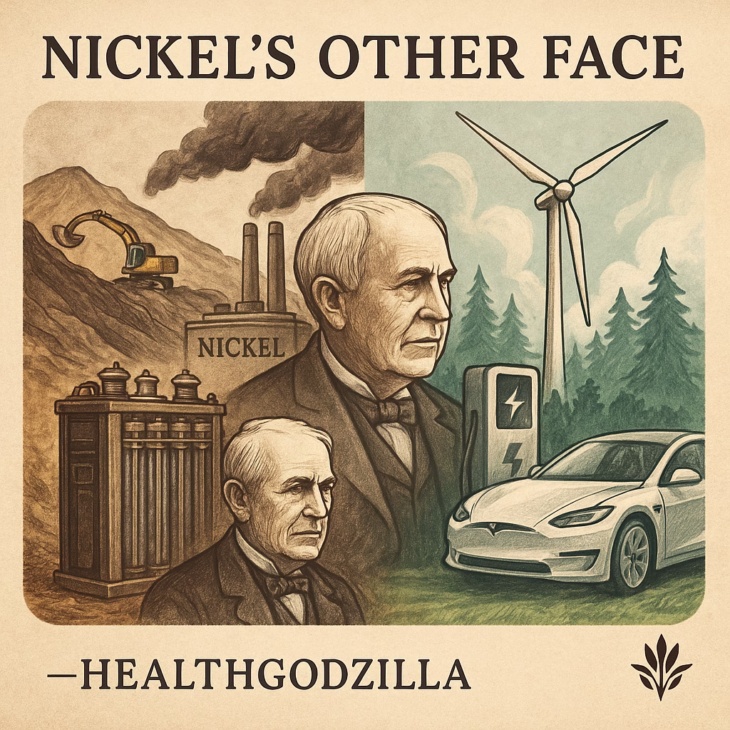 Edison sketching a nickel-iron battery linked by flowing metal to a Tesla car and hydrogen battolyser of the future