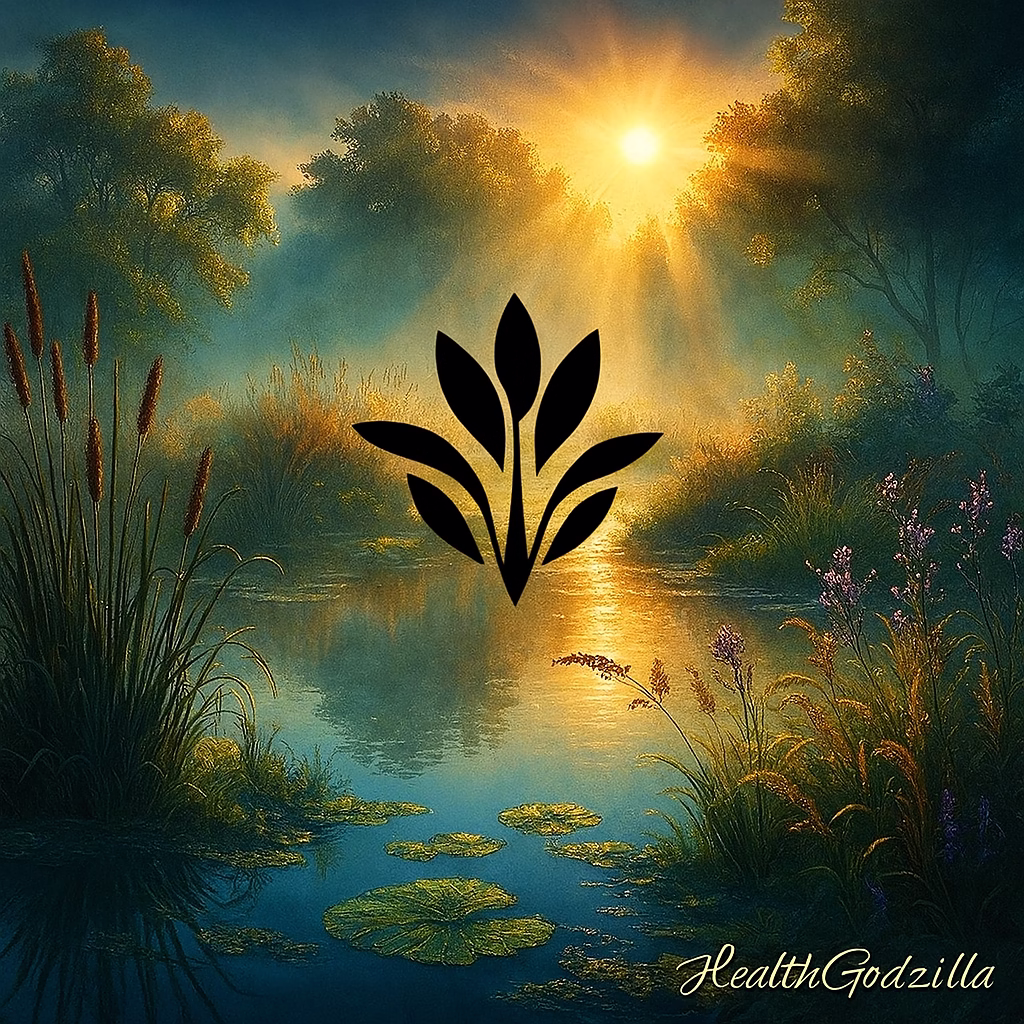Misty wetland sunrise with sunbeams, tall reeds, lilies, and a reflective pond, logo centered, and HealthGodzilla signature.