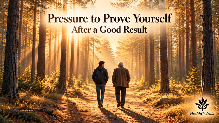 Selene and his father walk through sunlit pines beneath the title “Pressure to Prove Yourself: After a Good Result.”