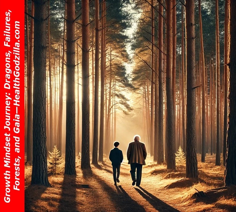 Father and son walk in a sunlit pine forest, symbolizing reflection and the growth mindset journey through effort and change.