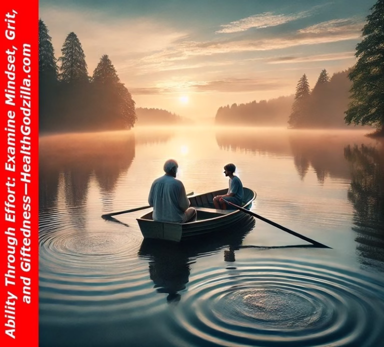 Father and son row at sunrise on a still lake, reflecting on ability through effort, mindset, and quiet moments of growth.