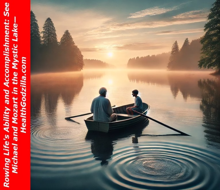 ather and son rowing in misty lake at sunrise, reflecting on ability and accomplishment with echoes of Michael and Mozart