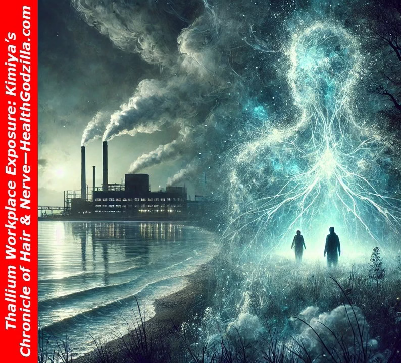 Factory smoke and glowing nerve-like figure showing thallium workplace exposure impact on human health