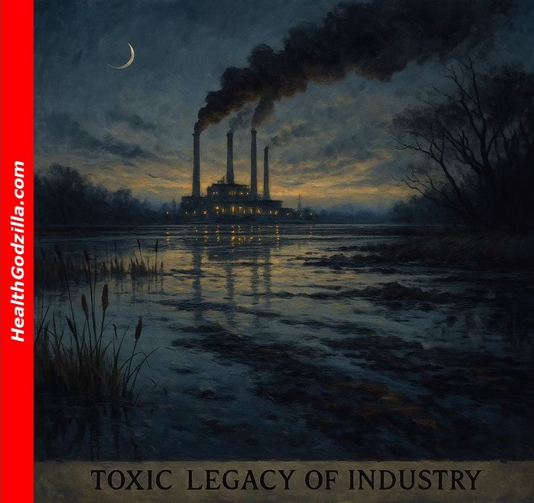Toxic Legacy of Industry at dusk: wetland waters mirror chemical rivers as factory air darkens the horizon beyond reeds near