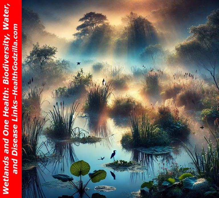 A serene wetland at dawn with mist, lush reeds, and birds—reflecting the link between wetlands and One Health.