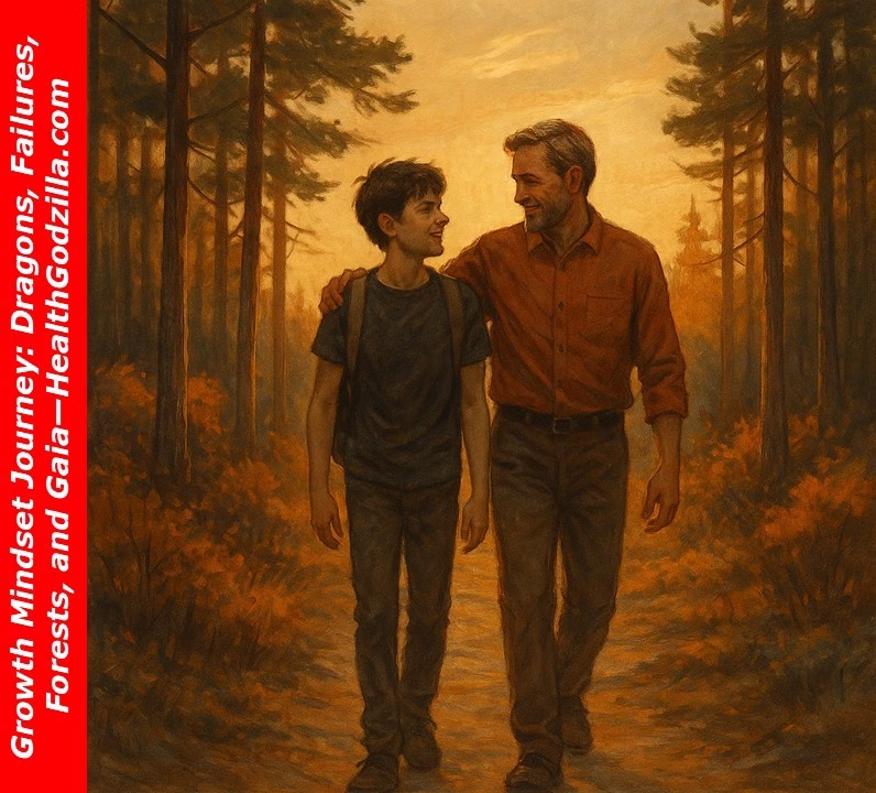 A father and son walk in a warm forest, shadows long, sharing silence and questions beneath a golden light.
