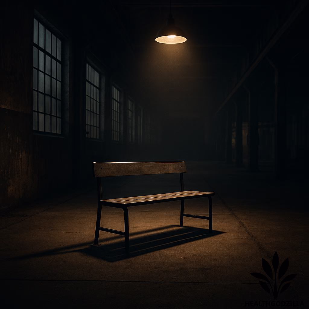 An empty bench beneath a single overhead light in a shadowy factory space, evoking solitude, memory, and industrial silence.