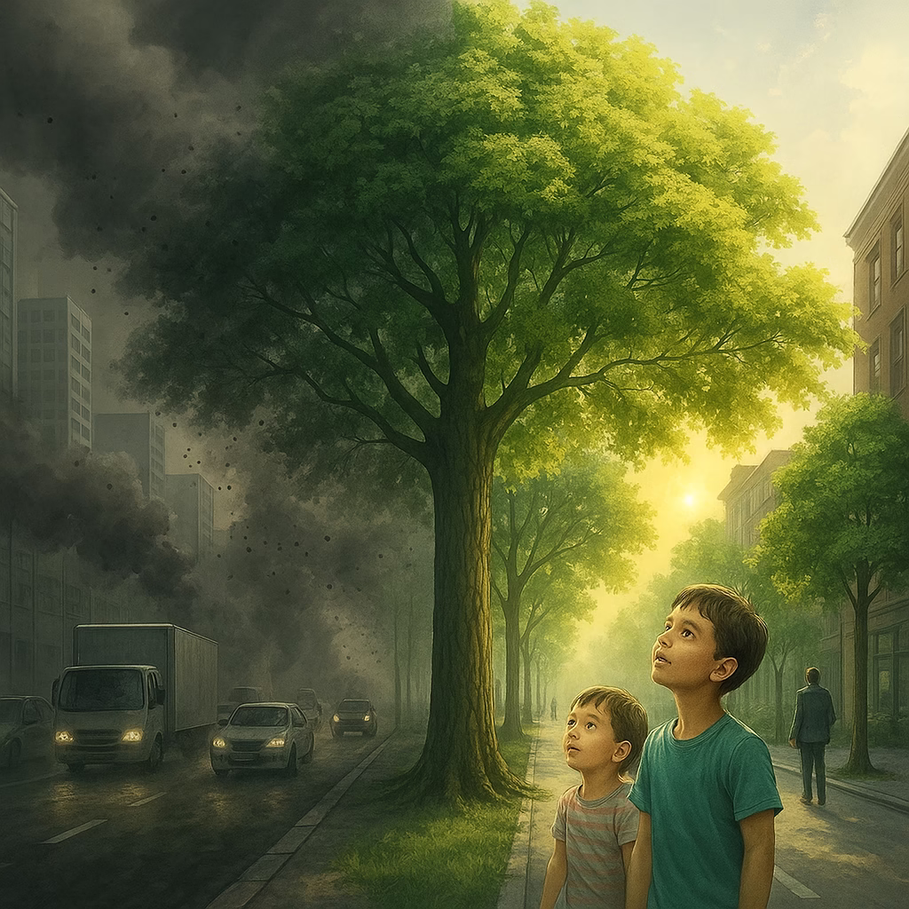 Children watching clean and smog sky in a city street, symbolizing greenspace and air quality through natural purification and community health.