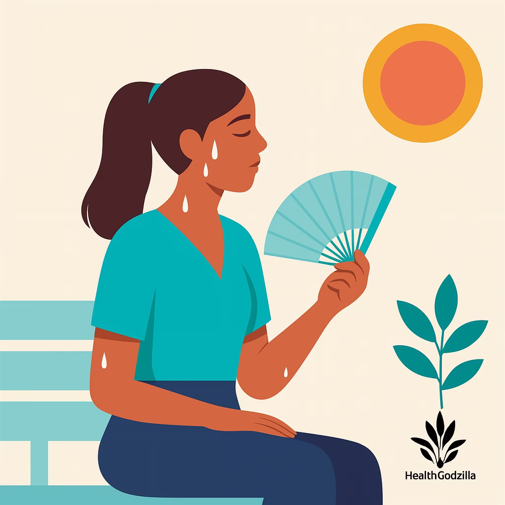 Woman cooling herself with a handheld fan while seated on a bench under the sun, showing visible signs of heat and sweat.