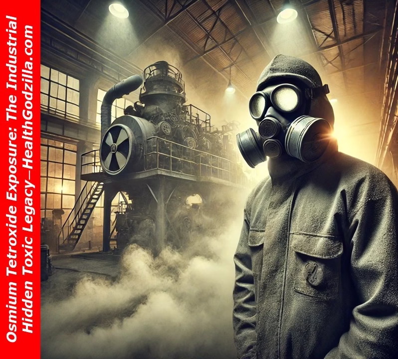 Worker in gas mask stands in vapor-filled factory, symbolizing osmium tetroxide exposure and industrial toxic legacy.