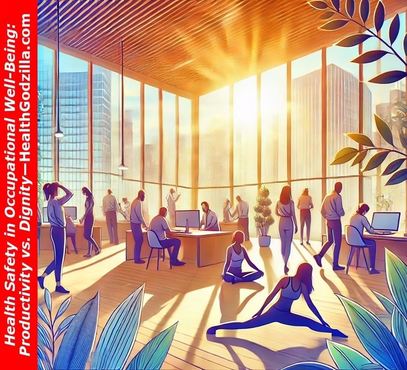 People working and stretching in a sunlit office surrounded by plants—symbolizing health safety in occupational well-being.