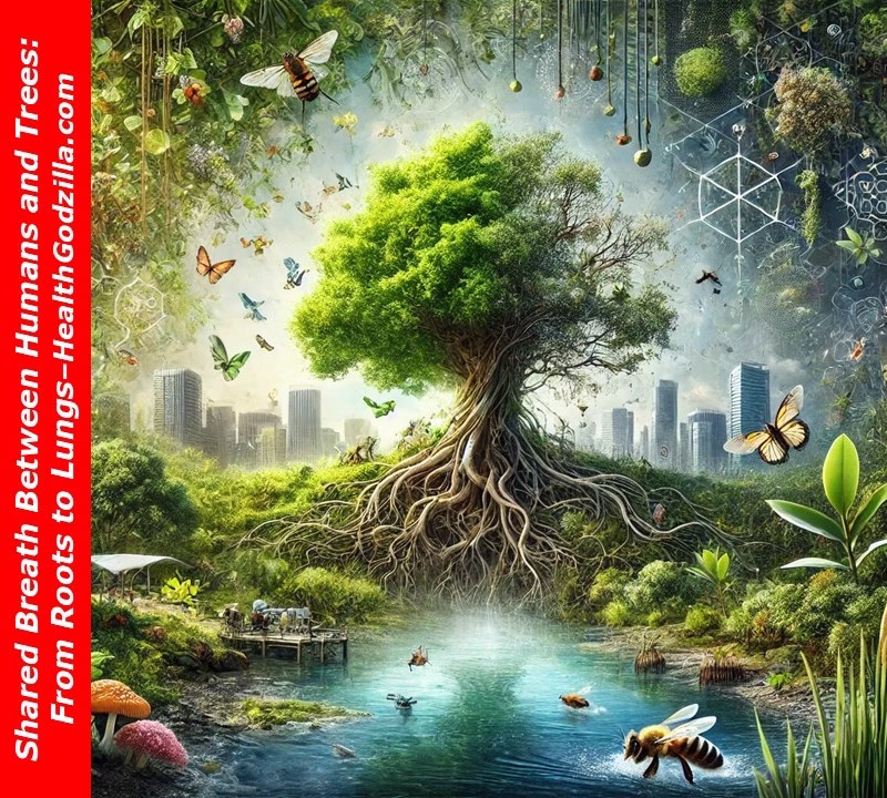 A tree with deep roots connects city and nature, symbolizing the shared breath between humans and trees in an urban ecosystem.