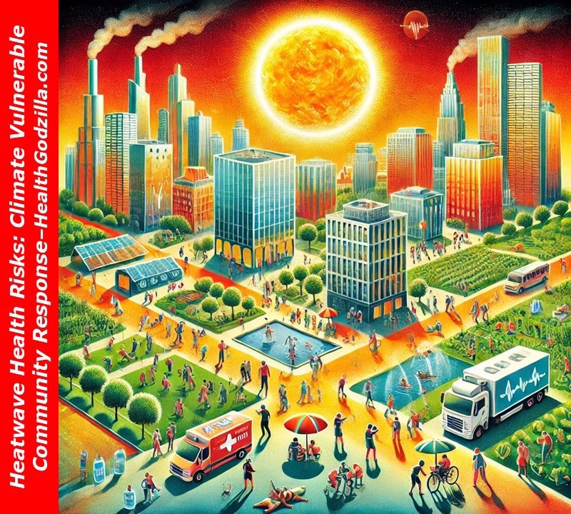Heatwave health risks in cities with climate-vulnerable communities responding through cooling, healthcare, and public planning.