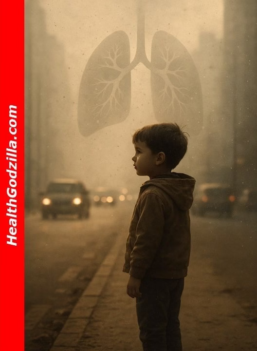 A young boy stands in smog near city traffic, as faint lungs appear in haze, symbolizing pollution's impact on developing bodies.