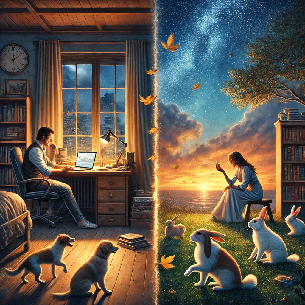 A visual representation of Artista and Organum's distant yet connected worlds. On the left, in a warmly lit study, a man works late into the night, his thoughts entwined with industry, workplace safety, and the hidden dangers of nitro- and amino-derivatives of benzene. Puppies rest by his feet, unaware of the silent specter lingering beyond the window. On the right, beneath a celestial sky, a woman sits in a peaceful garden, stroking her rabbits while the golden hues of sunset embrace her. A shimmering divide separates them—two minds, two places, yet one shared conversation about benzene's hidden legacy. The painting reflects their dialogue, a quiet exchange of wisdom, warning, and the hope that someone, somewhere, will listen.