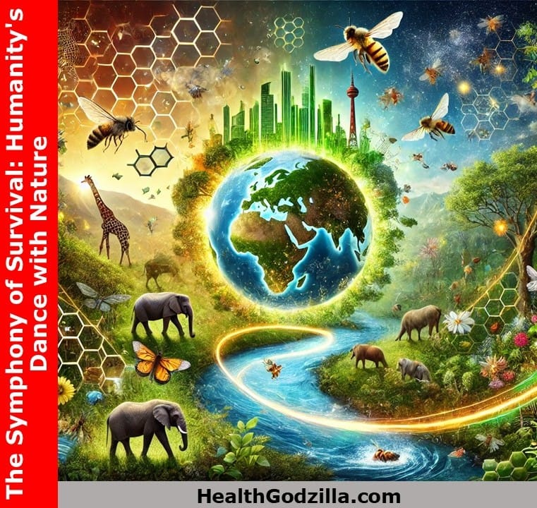 Biodiversity loss and humanity visualized through Earth, bees, animals, and green cities in harmony with nature and rewilding.