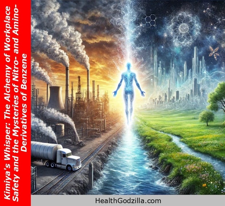 An ethereal, luminous figure, bridging two contrasting worlds, stands at the center. On the left, factories and smokestacks release clouds of smoke into a hazy sky, symbolizing industry and the potential dangers of nitro- and amino-derivatives of benzene. On the right, a lush green landscape with flowing water and clear air represents nature and workplace safety. The figure's glowing form highlights the delicate balance between industrial progress and environmental awareness, urging us to consider the risks of chemical exposure and the importance of safety.