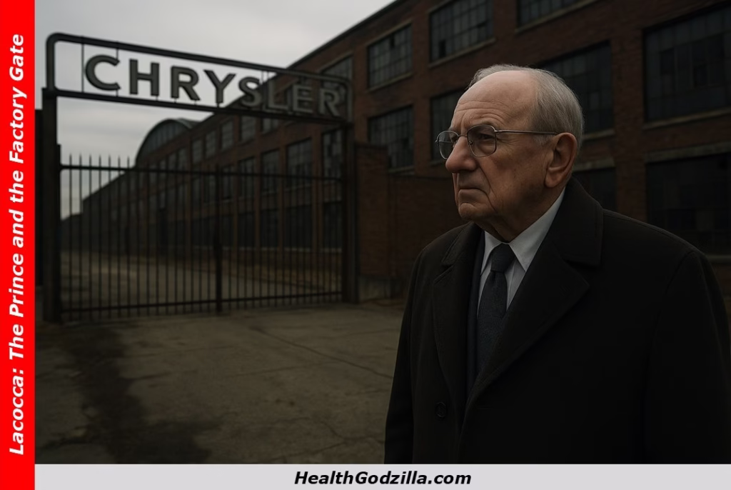 Lacocca stands before the factory gate, echoing legacy and loss in Lacocca: the prince and the factory gate story