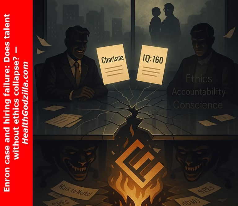 Enron case and hiring failure exposed through a shattered boardroom table, floating resumes, and ethical shadows lost in gold.