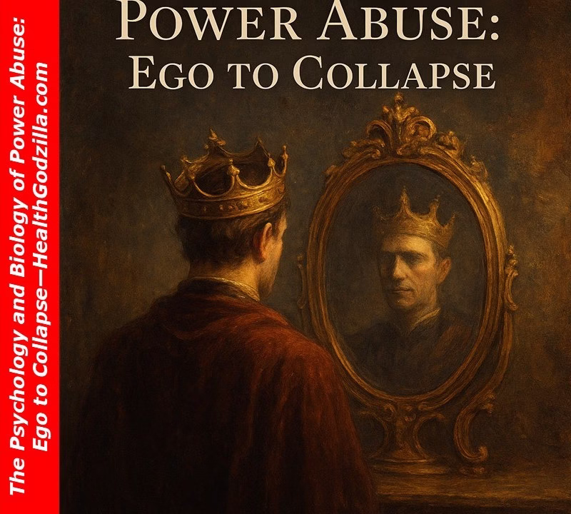 A leader reflected in a fractured mirror throne—revealing the psychology and biology of power abuse through broken self-image.