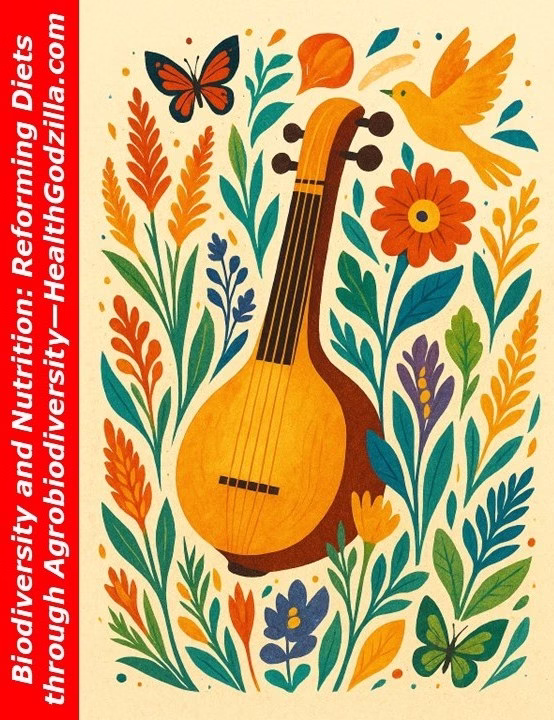 Sarod-shaped field with blooming plants and birds reflecting biodiversity and nutrition through agrobiodiversity and tradition.